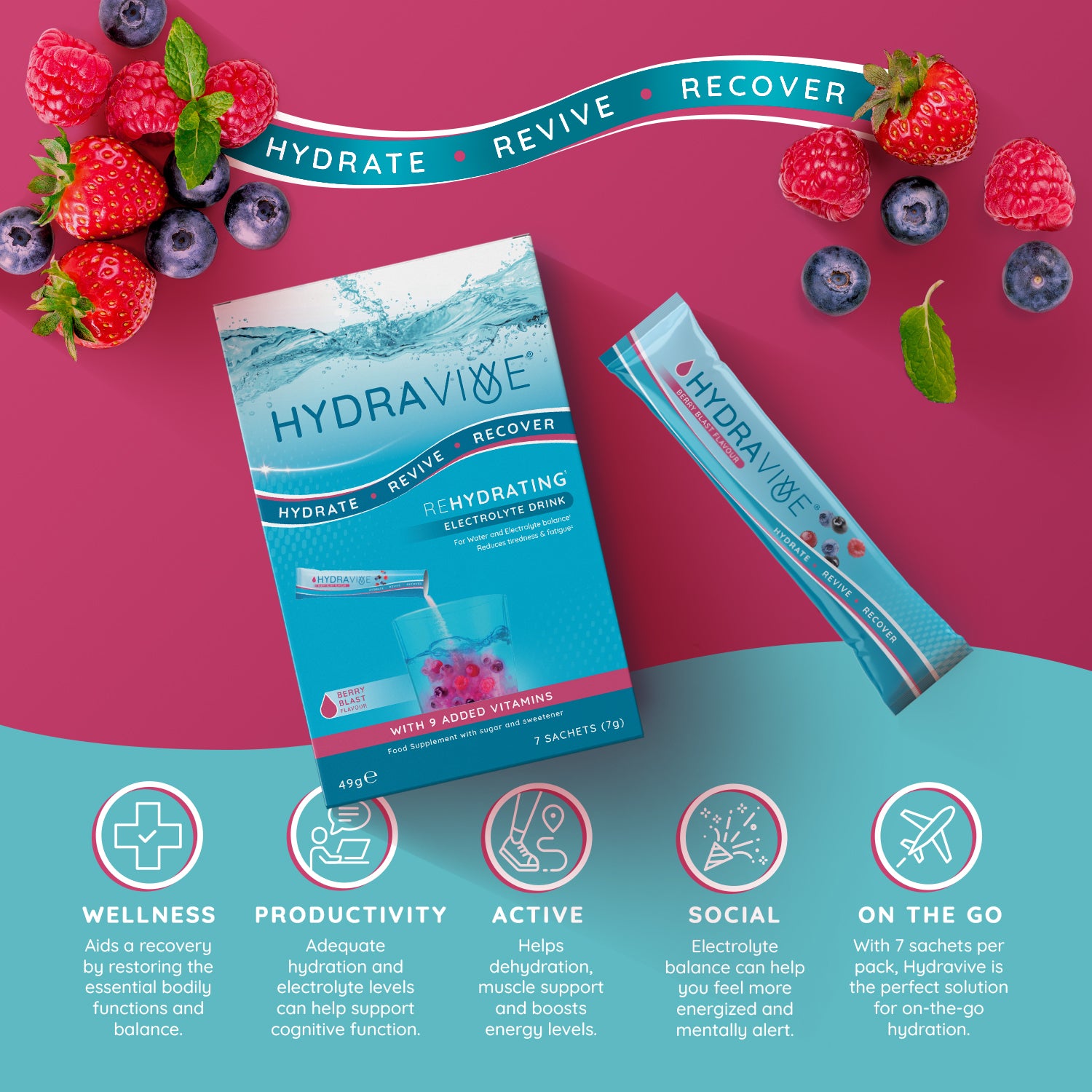 Hydravive Rapid Rehydration Electrolytes Powder - 21 Pack Berry Blast