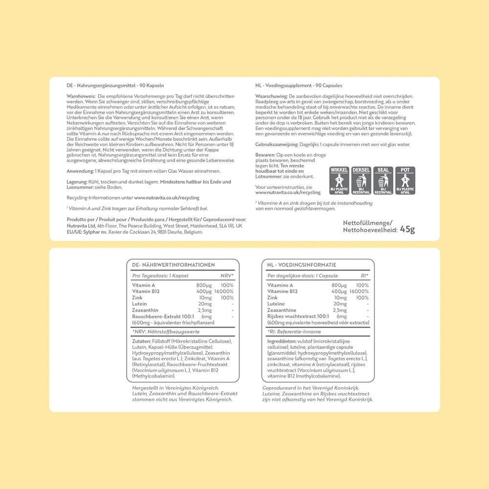 Natural Eye Complex 90 Vegan Capsules with Bilberry, Lutein & Zeaxanthin.