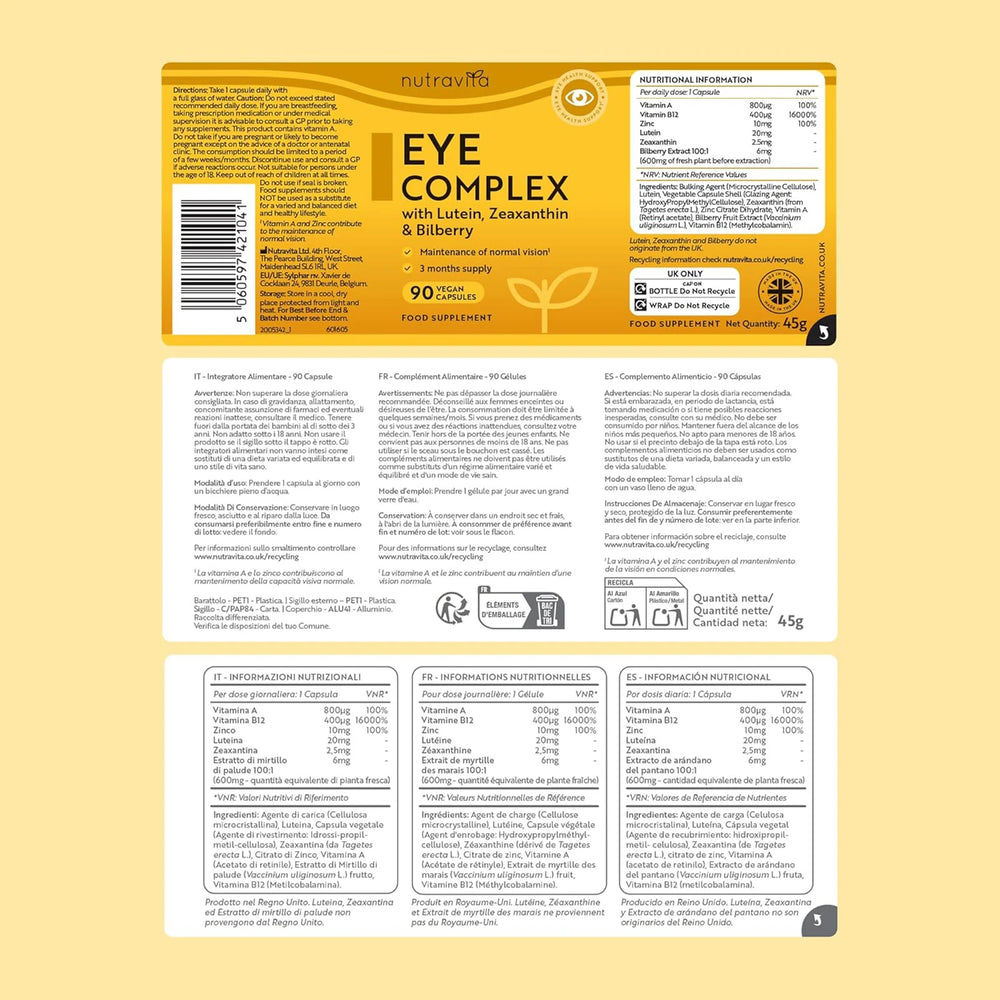 Natural Eye Complex 90 Vegan Capsules with Bilberry, Lutein & Zeaxanthin.
