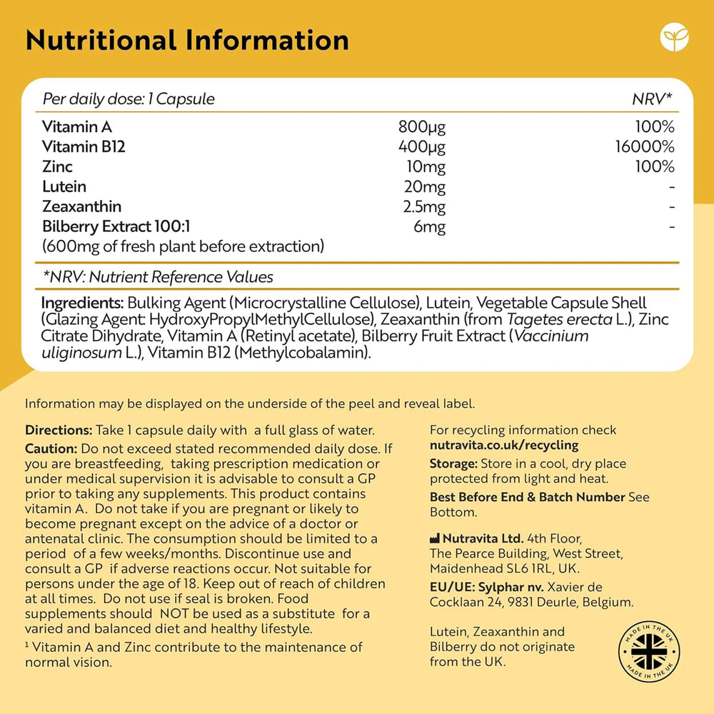 Natural Eye Complex 90 Vegan Capsules with Bilberry, Lutein & Zeaxanthin.