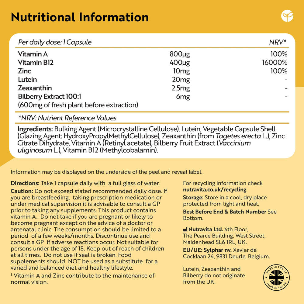 Natural Eye Complex 90 Vegan Capsules with Bilberry, Lutein & Zeaxanthin.