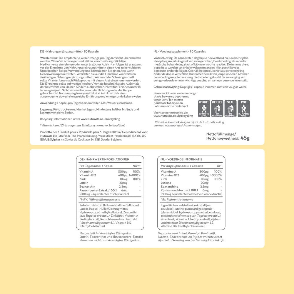 Natural Eye Complex 90 Vegan Capsules with Bilberry, Lutein & Zeaxanthin.