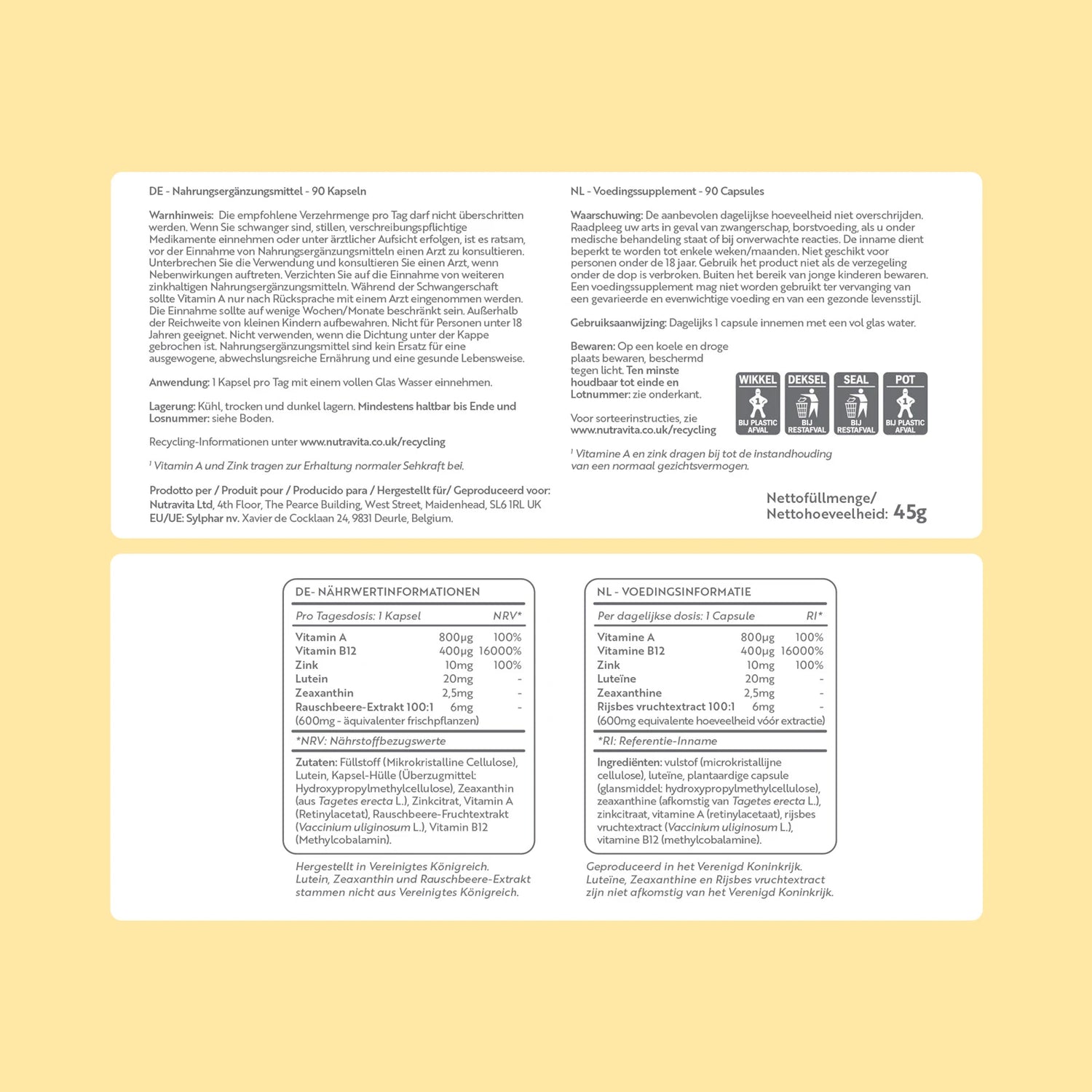 Natural Eye Complex 90 Vegan Capsules with Bilberry, Lutein & Zeaxanthin.