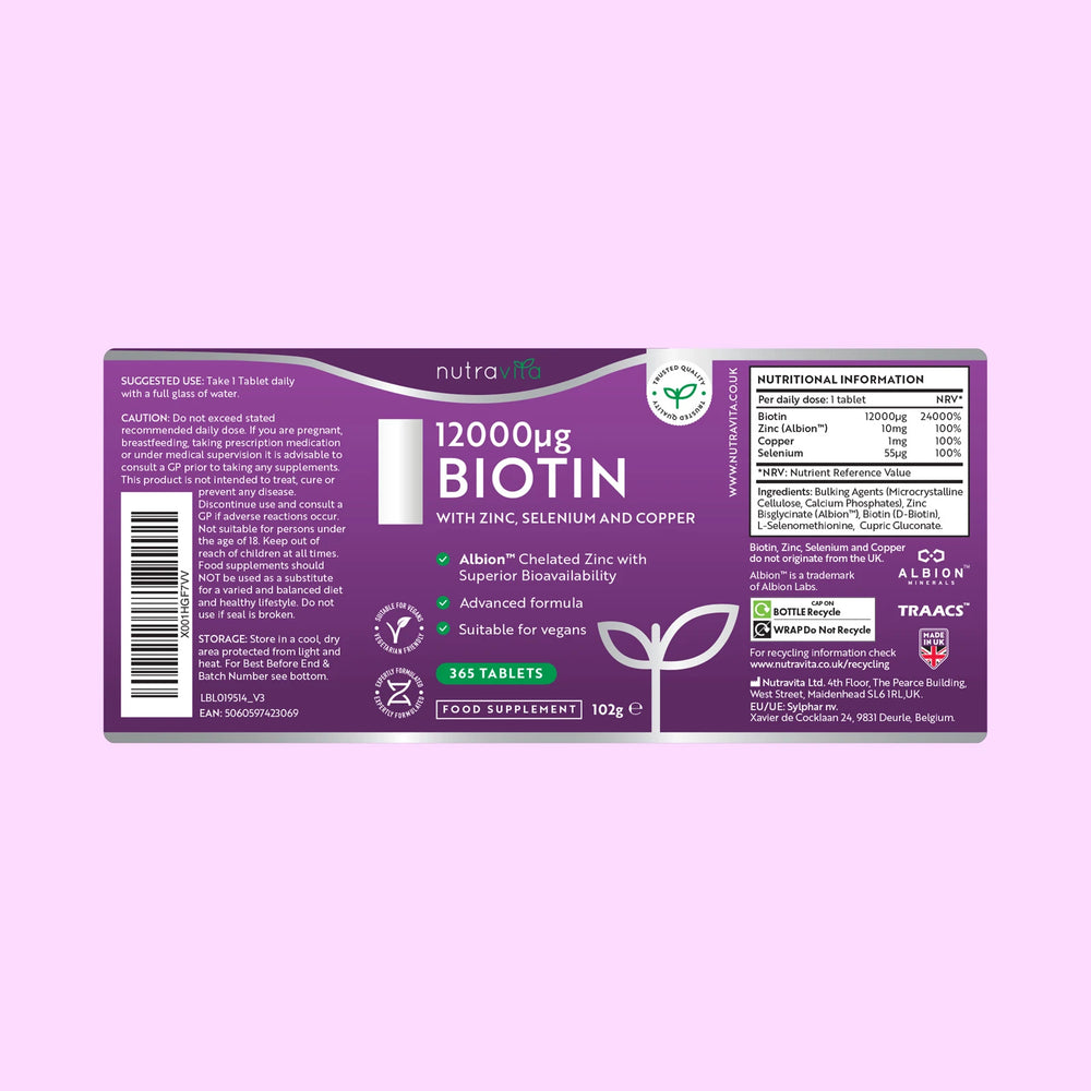 Biotin 12,000ug with Albion™ Zinc, Selenium & Copper 365 Vegan Tablets